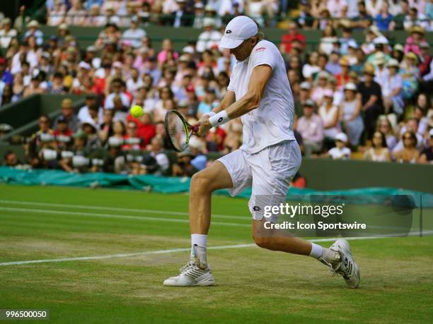 Kevin Anderson in action during his quarter final match on July 11 defeating number 1 seed Roger Federer 13 -11 in the fifth set at the Wimbledon...