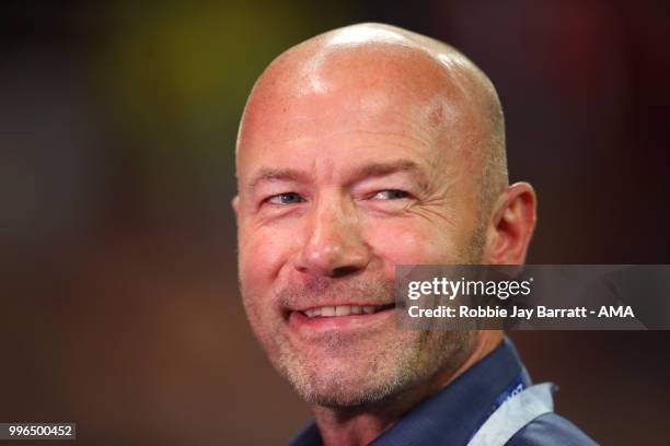 Alan Shearer looks on at the end of the 2018 FIFA World Cup Russia Semi Final match between Croatia and England at Luzhniki Stadium on July 11, 2018...