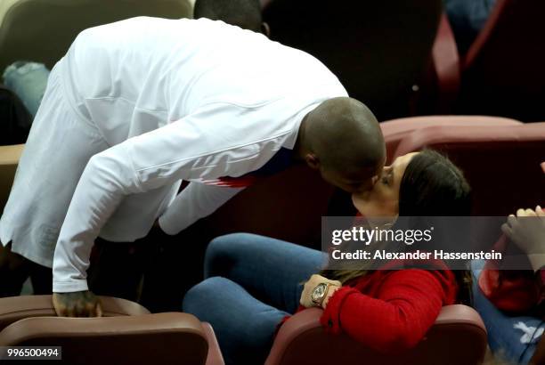 Ashley Young of England kisses his girlfriend Nicky Pike during the 2018 FIFA World Cup Russia Semi Final match between England and Croatia at...