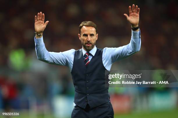 Gareth Southgate head coach / manager of England acknowledges the fans at the end of the 2018 FIFA World Cup Russia Semi Final match between Croatia...