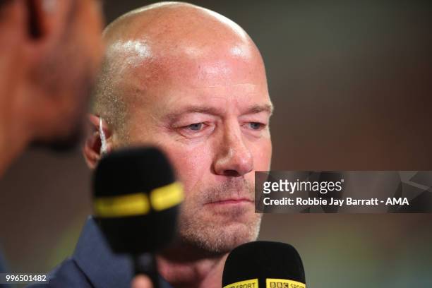 Alan Shearer works for the BBC at the end of the 2018 FIFA World Cup Russia Semi Final match between Croatia and England at Luzhniki Stadium on July...