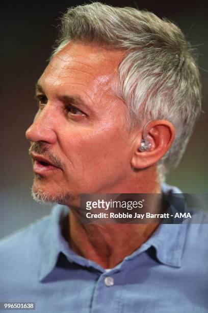 Gary Lineker looks on at the end of the 2018 FIFA World Cup Russia Semi Final match between Croatia and England at Luzhniki Stadium on July 11, 2018...