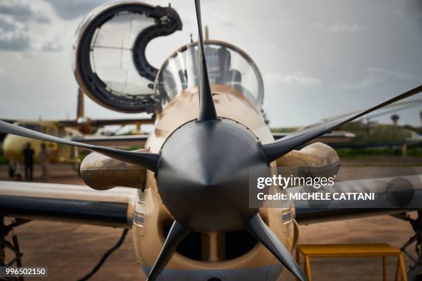 Picture shows the front of one of the four newly arrived turboprop light attack aircrafts "Super Tucano" at the military air base in Bamako on July...