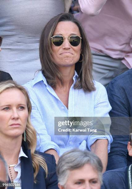 Pippa Middleton attends day nine of the Wimbledon Tennis Championships at the All England Lawn Tennis and Croquet Club on July 11, 2018 in London,...