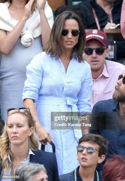 Pippa Middleton attends day nine of the Wimbledon Tennis Championships at the All England Lawn Tennis and Croquet Club on July 11, 2018 in London,...