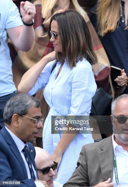 Pippa Middleton attends day nine of the Wimbledon Tennis Championships at the All England Lawn Tennis and Croquet Club on July 11, 2018 in London,...