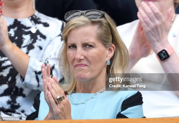 Sophie, Countess of Wessex attends day nine of the Wimbledon Tennis Championships at the All England Lawn Tennis and Croquet Club on July 11, 2018 in...