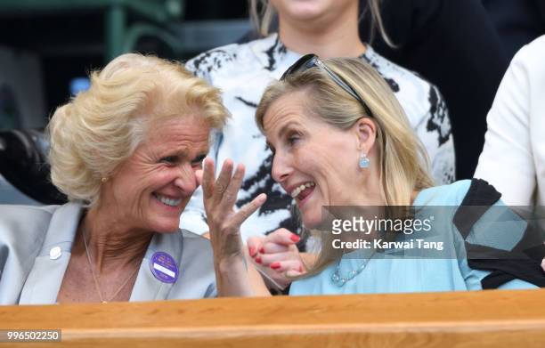 Gill Brook and Sophie, Countess of Wessex attend day nine of the Wimbledon Tennis Championships at the All England Lawn Tennis and Croquet Club on...