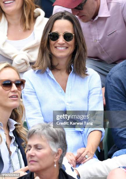 Pippa Middleton attends day nine of the Wimbledon Tennis Championships at the All England Lawn Tennis and Croquet Club on July 11, 2018 in London,...