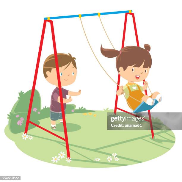 children playing on swing - swing stock illustrations