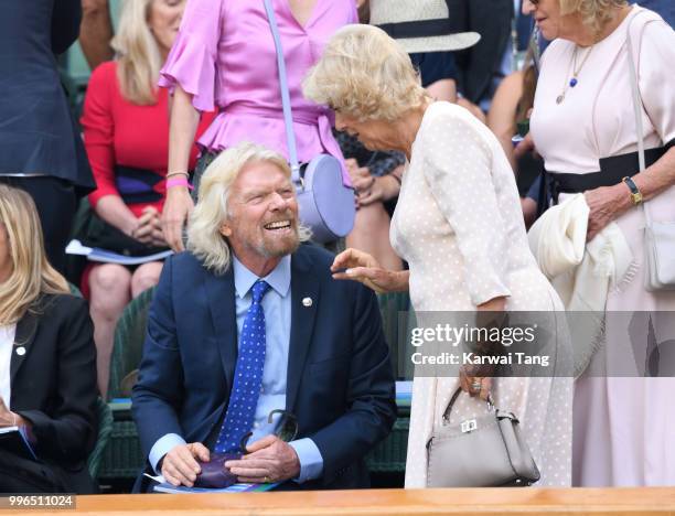 Richard Branson and Camilla, Duchess of Cornwall attend day nine of the Wimbledon Tennis Championships at the All England Lawn Tennis and Croquet...