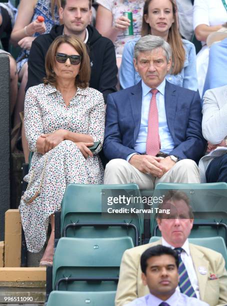 Carole Middleton and Michael Middleton attend day nine of the Wimbledon Tennis Championships at the All England Lawn Tennis and Croquet Club on July...