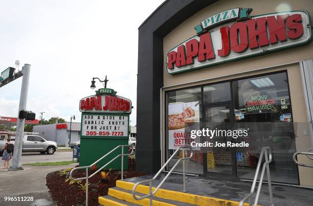 Papa John's restaurant is seen on July 11, 2018 in Miami, Florida. The founder of Papa John's pizza, John Schnatter, apologized Wednesday for using...