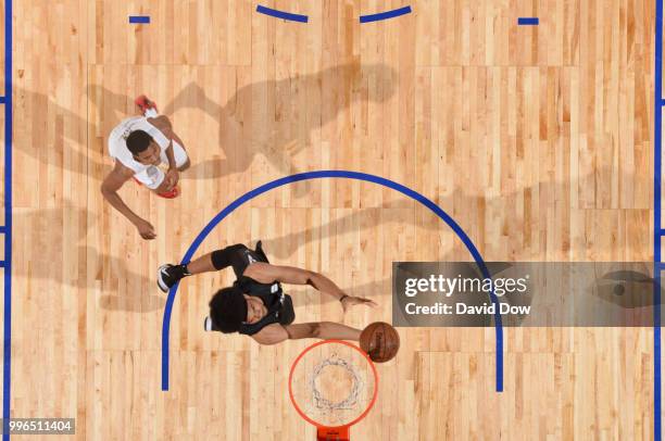 Jarrett Allen of the Brooklyn Nets goes to the basket against the Houston Rockets during the 2018 Las Vegas Summer League on July 11, 2018 at the Cox...