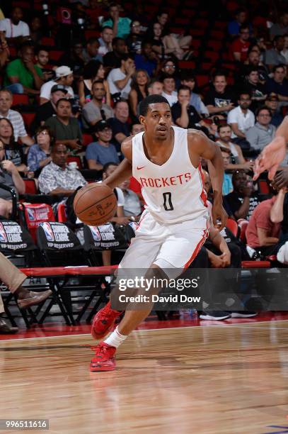 De'Anthony Melton of the Houston Rockets handles the ball against the Brooklyn Nets during the 2018 Las Vegas Summer League on July 11, 2018 at the...