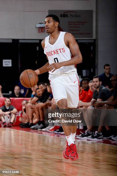 De'Anthony Melton of the Houston Rockets handles the ball against the Brooklyn Nets during the 2018 Las Vegas Summer League on July 11, 2018 at the...