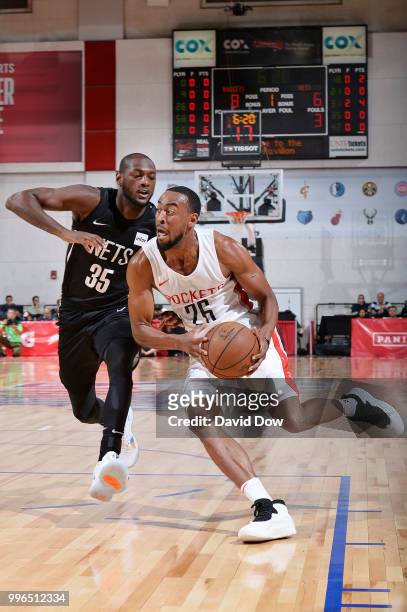 Markel Brown of the Houston Rockets handles the ball against the Brooklyn Nets during the 2018 Las Vegas Summer League on July 11, 2018 at the Cox...