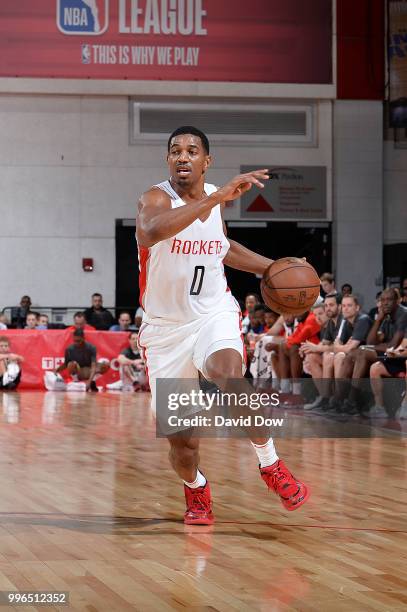 De'Anthony Melton of the Houston Rockets handles the ball against the Brooklyn Nets during the 2018 Las Vegas Summer League on July 11, 2018 at the...