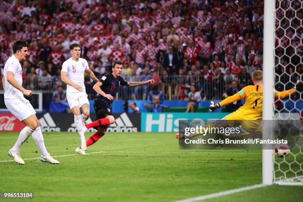 Mario Mandzukic of Croatia scores his side's second goal during the 2018 FIFA World Cup Russia Semi Final match between England and Croatia at...