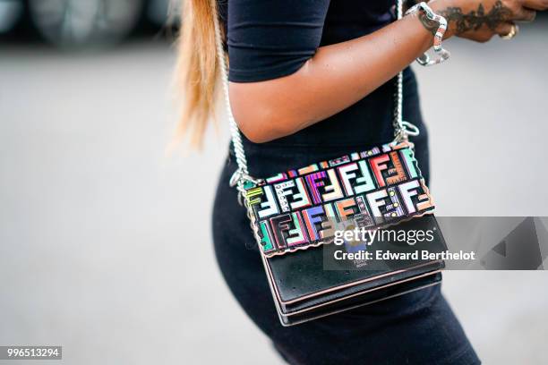 Multicolor Fendi bag is seen , outside Vetements, during Paris Fashion Week Haute Couture Fall Winter 2018/2019, on July 1, 2018 in Paris, France.