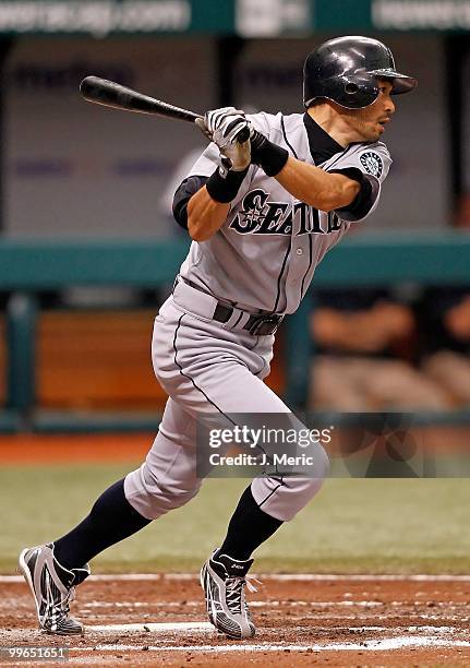 Outfielder Ichiro Suzuki of the Seattle Mariners gets bats against the Tampa Bay Rays during the game at Tropicana Field on May 15, 2010 in St....