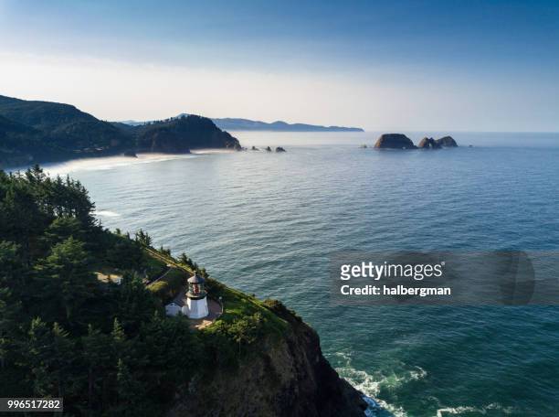 cape meares lighthouse and tillamook bay - aerial view - tillamook county stock pictures, royalty-free photos & images