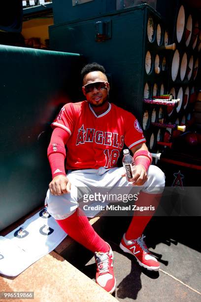 Luis Valbuena of the Los Angeles Angels of Anaheim sits in the dugout prior to the game against the Oakland Athletics at the Oakland Alameda Coliseum...