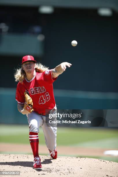 John Lamb of the Los Angeles Angels of Anaheim pitches during the game against the Oakland Athletics at the Oakland Alameda Coliseum on June 16, 2018...