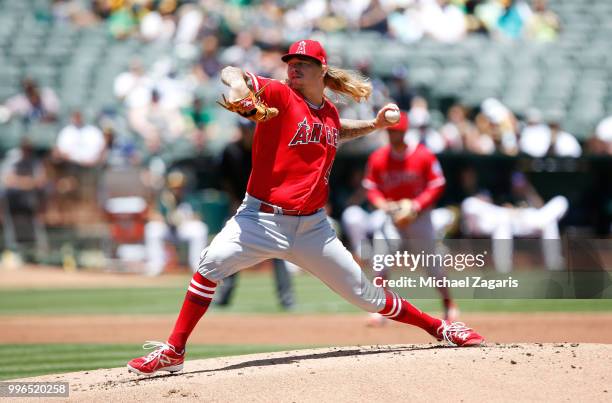 John Lamb of the Los Angeles Angels of Anaheim pitches during the game against the Oakland Athletics at the Oakland Alameda Coliseum on June 16, 2018...