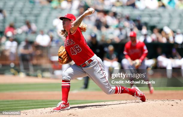 John Lamb of the Los Angeles Angels of Anaheim pitches during the game against the Oakland Athletics at the Oakland Alameda Coliseum on June 16, 2018...