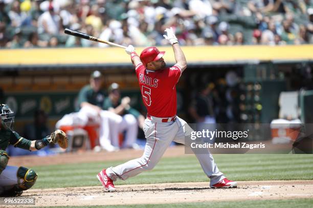 Albert Pujols of the Los Angeles Angels of Anaheim bats during the game against the Oakland Athletics at the Oakland Alameda Coliseum on June 16,...