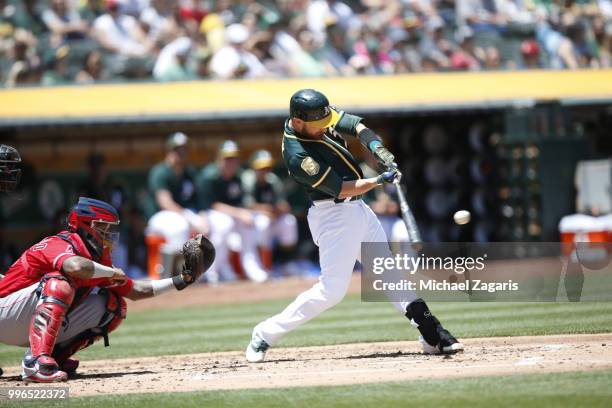 Jonathan Lucroy of the Oakland Athletics bats during the game against the Los Angeles Angels of Anaheim at the Oakland Alameda Coliseum on June 16,...