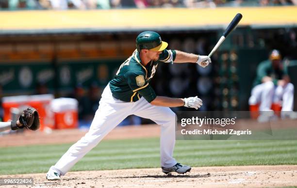 Stephen Piscotty of the Oakland Athletics bats during the game against the Los Angeles Angels of Anaheim at the Oakland Alameda Coliseum on June 16,...