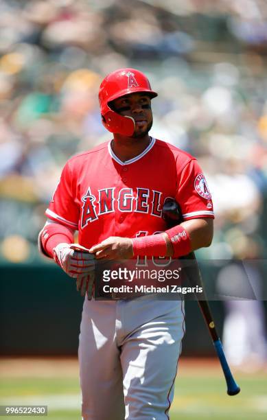 Luis Valbuena of the Los Angeles Angels of Anaheim stands on the field during the game against the Oakland Athletics at the Oakland Alameda Coliseum...