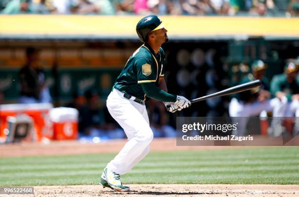 Marcus Semien of the Oakland Athletics bats during the game against the Los Angeles Angels of Anaheim at the Oakland Alameda Coliseum on June 16,...