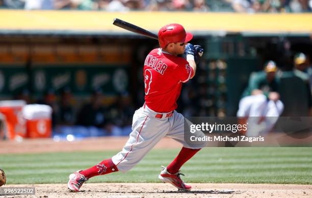 Ian Kinsler of the Los Angeles Angels of Anaheim bats during the game against the Oakland Athletics at the Oakland Alameda Coliseum on June 16, 2018...