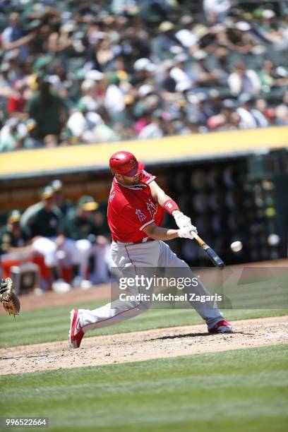 Albert Pujols of the Los Angeles Angels of Anaheim bats during the game against the Oakland Athletics at the Oakland Alameda Coliseum on June 16,...