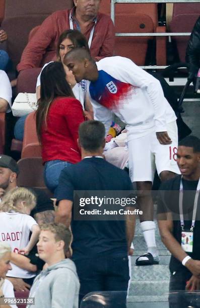 Ashley Young of England kisses his wife Nicky Pike following the 2018 FIFA World Cup Russia Semi Final match between England and Croatia at Luzhniki...
