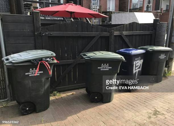Green trash cans and blue recycling bins line an alley on trash and recyclables pick-up day July 11, 2018 in a Washington, DC neighborhood. Since...