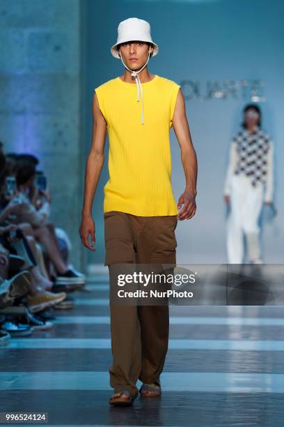 Model presents a creation by Spanish Duarte at the fashion show at the Mercedes-Benz Fashion Week Madrid Spring-Summer 2019, in Real Casa se Correos...