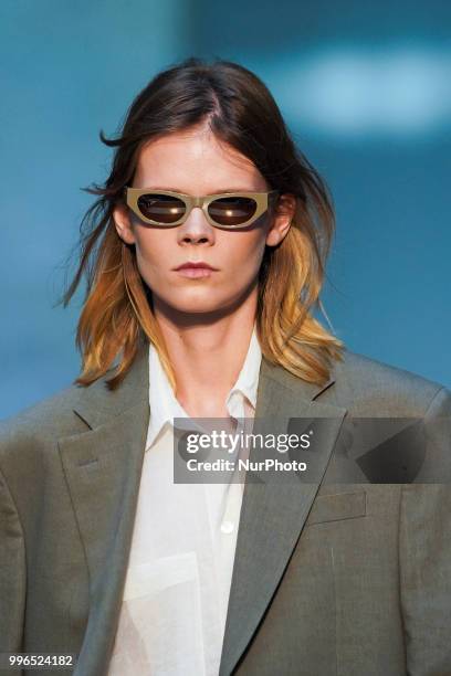 Model presents a creation by Spanish Duarte at the fashion show at the Mercedes-Benz Fashion Week Madrid Spring-Summer 2019, in Real Casa se Correos...