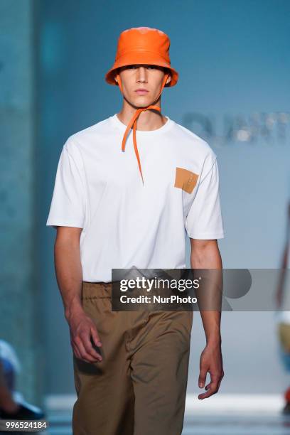 Model presents a creation by Spanish Duarte at the fashion show at the Mercedes-Benz Fashion Week Madrid Spring-Summer 2019, in Real Casa se Correos...