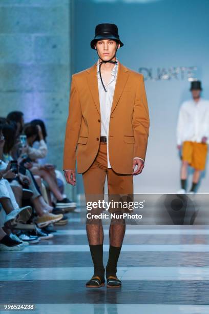 Model presents a creation by Spanish Duarte at the fashion show at the Mercedes-Benz Fashion Week Madrid Spring-Summer 2019, in Real Casa se Correos...