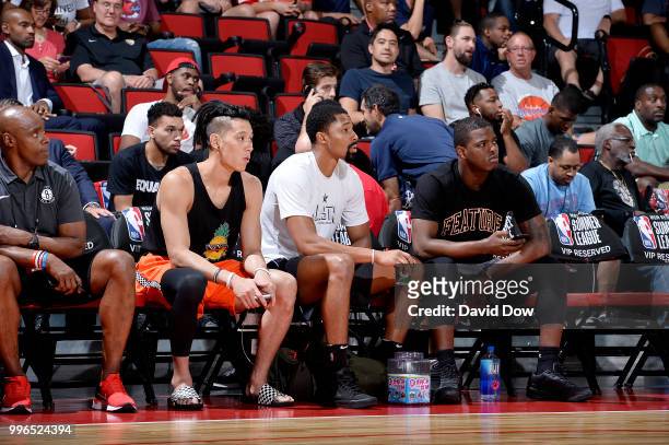 Jeremy Lin, Spencer Dinwiddie, and Isaiah Whitehead of the Brooklyn Nets looks on during the game against the Houston Rockets during the 2018 Las...