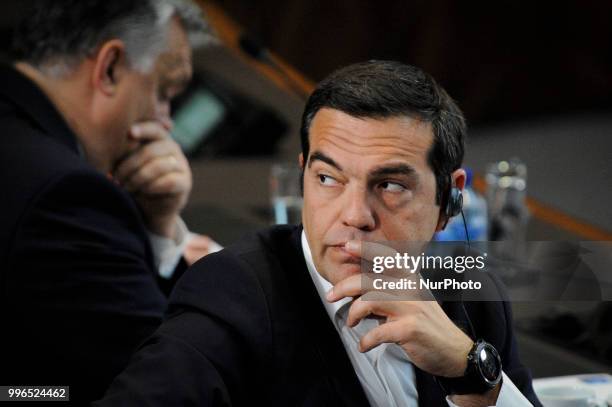 Greek PM Alexis Tsipras is seen during the 2018 NATO Summit in Brussels, Belgium on July 11, 2018.