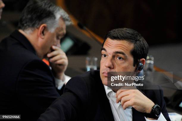 Greek PM Alexis Tsipras is seen during the 2018 NATO Summit in Brussels, Belgium on July 11, 2018.