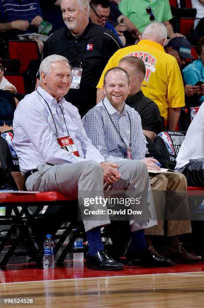 Jerry West and Lawrence Frank attend the game between the the LA Clippers and the Washington Wizards during the 2018 Las Vegas Summer League on July...