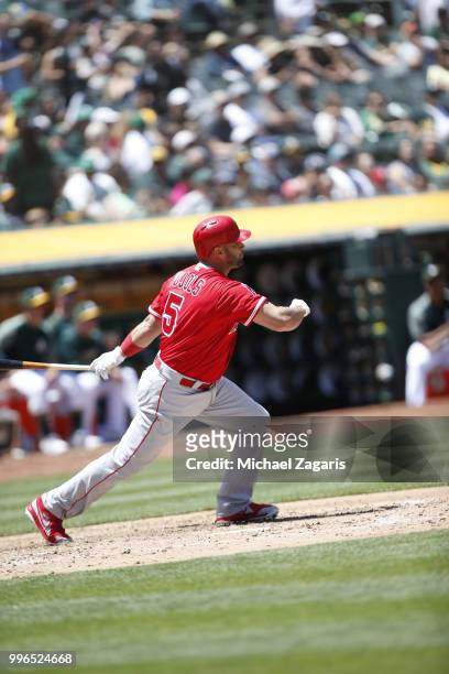 Albert Pujols of the Los Angeles Angels of Anaheim bats during the game against the Oakland Athletics at the Oakland Alameda Coliseum on June 16,...