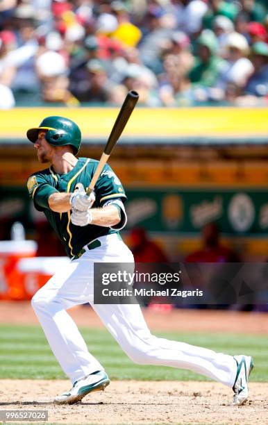 Stephen Piscotty of the Oakland Athletics bats during the game against the Los Angeles Angels of Anaheim at the Oakland Alameda Coliseum on June 16,...