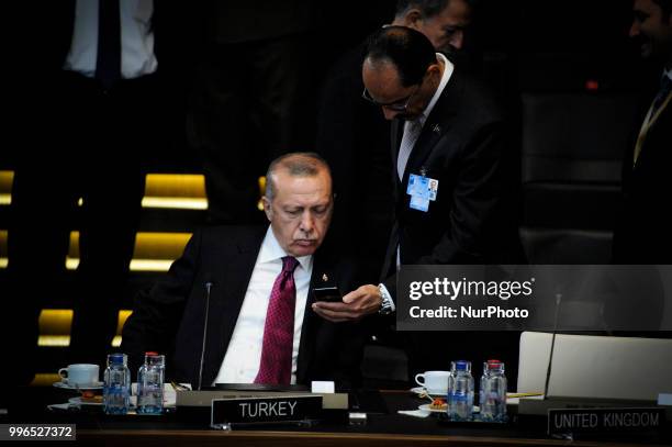 Turkish president Recep Tayip Erdogan is seen during the 2018 NATO Summit in Brussels, Belgium on July 11, 2018.